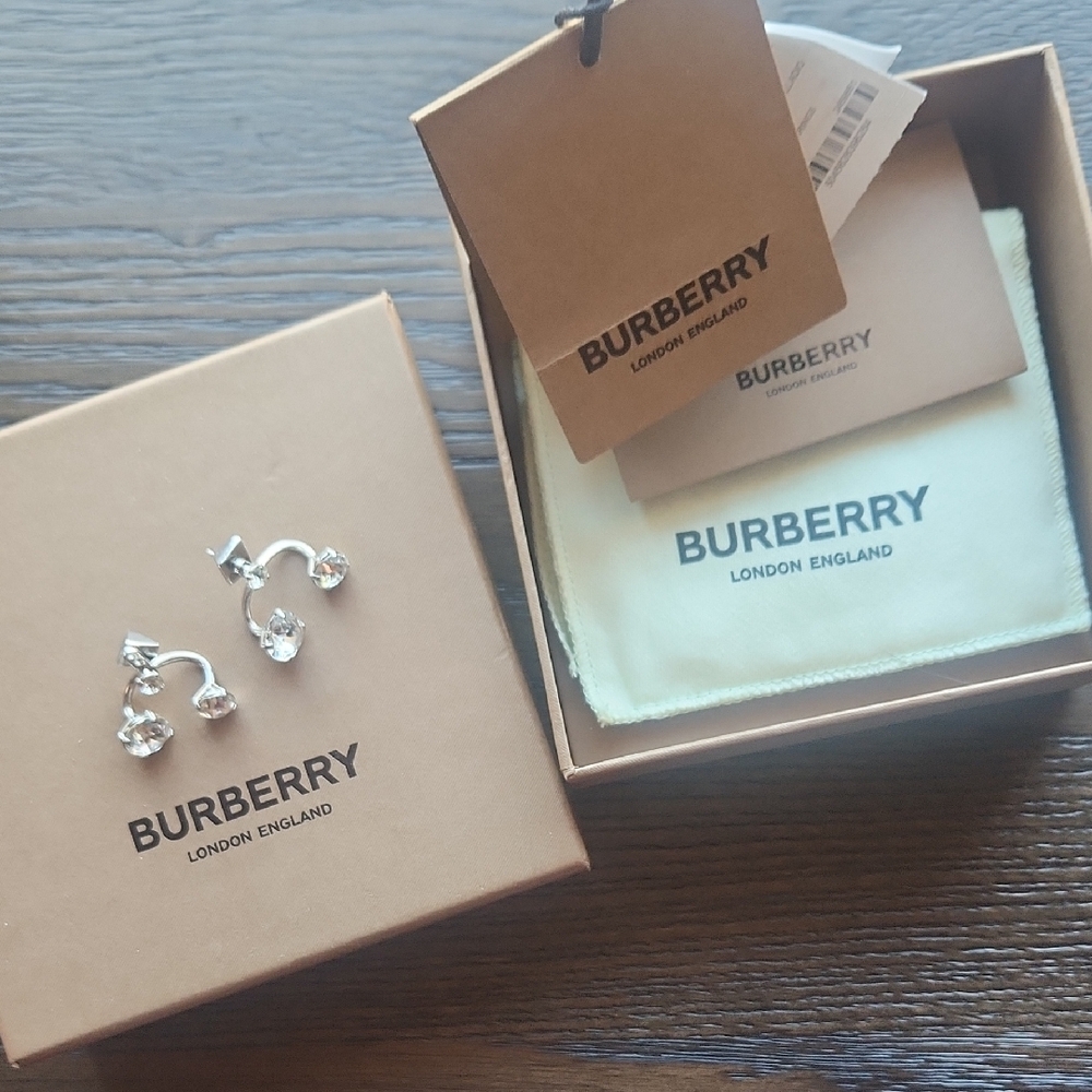Burberry Silver Drop Earrings with Crystals